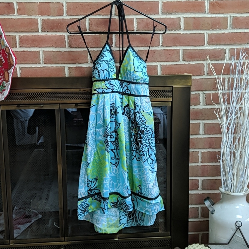 IZ Byer Aqua Floral Halter Dress